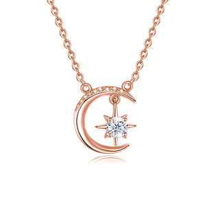 0.5 Ct Round Brilliant Moon Star Diamond Pendant Necklace in 18K Gold