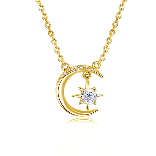 0.5 Ct Round Brilliant Moon Star Diamond Pendant Necklace in 18K Gold